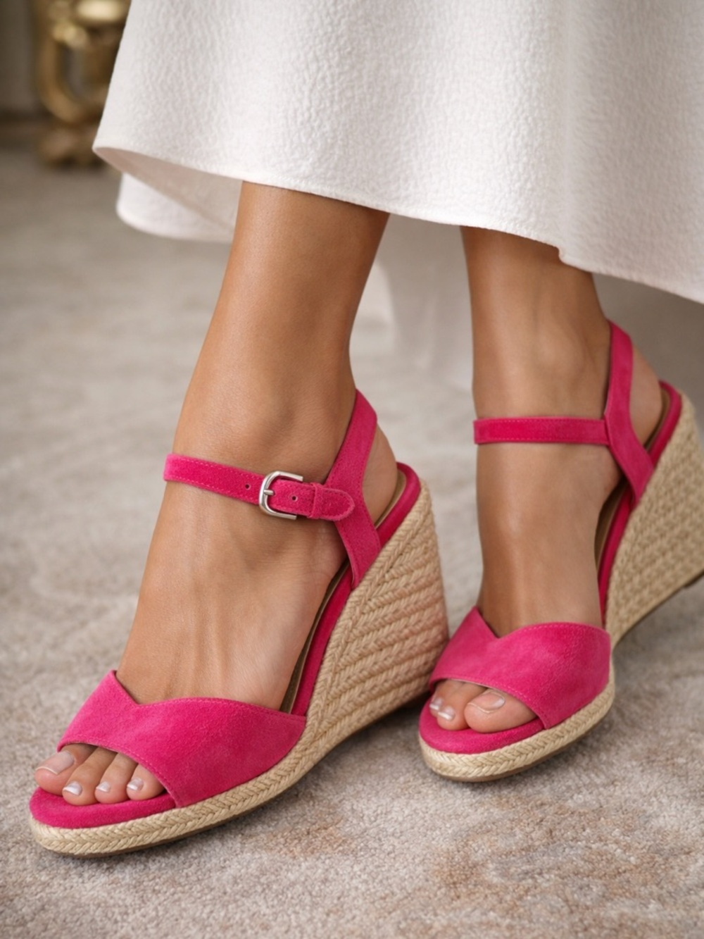 PRADA Milano Fuchsia Suede Raffia Espadrille Wedge Sandals